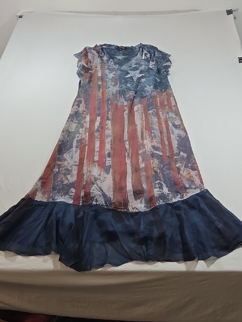 Patriotic America Maxi Dress Red White Blue Rhinestone Star V-Neck Ruffled Hem - Picture 6 of 11